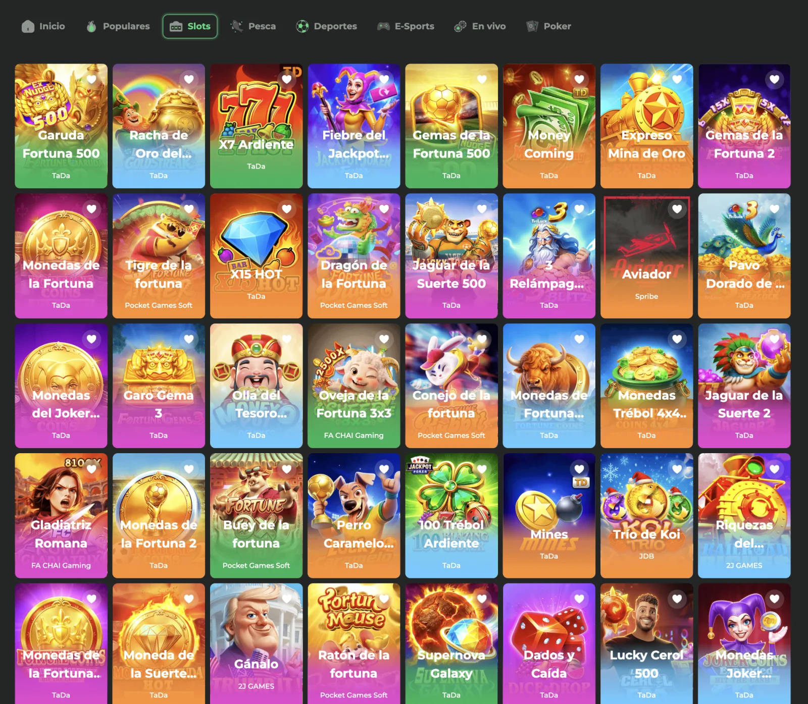 Catálogo de tragamonedas: Vista de la sección Slots con títulos y proveedores visibles.